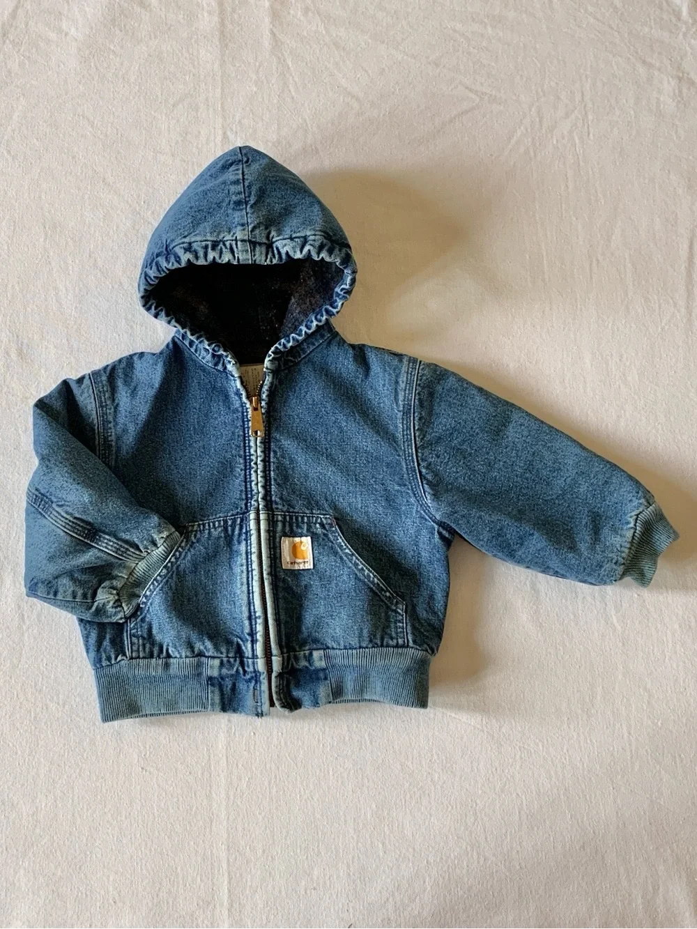 Carhartt Vintage Blanket Lined Blue Jean Denim Kid’s Hooded Jacket Chore Coat 3T